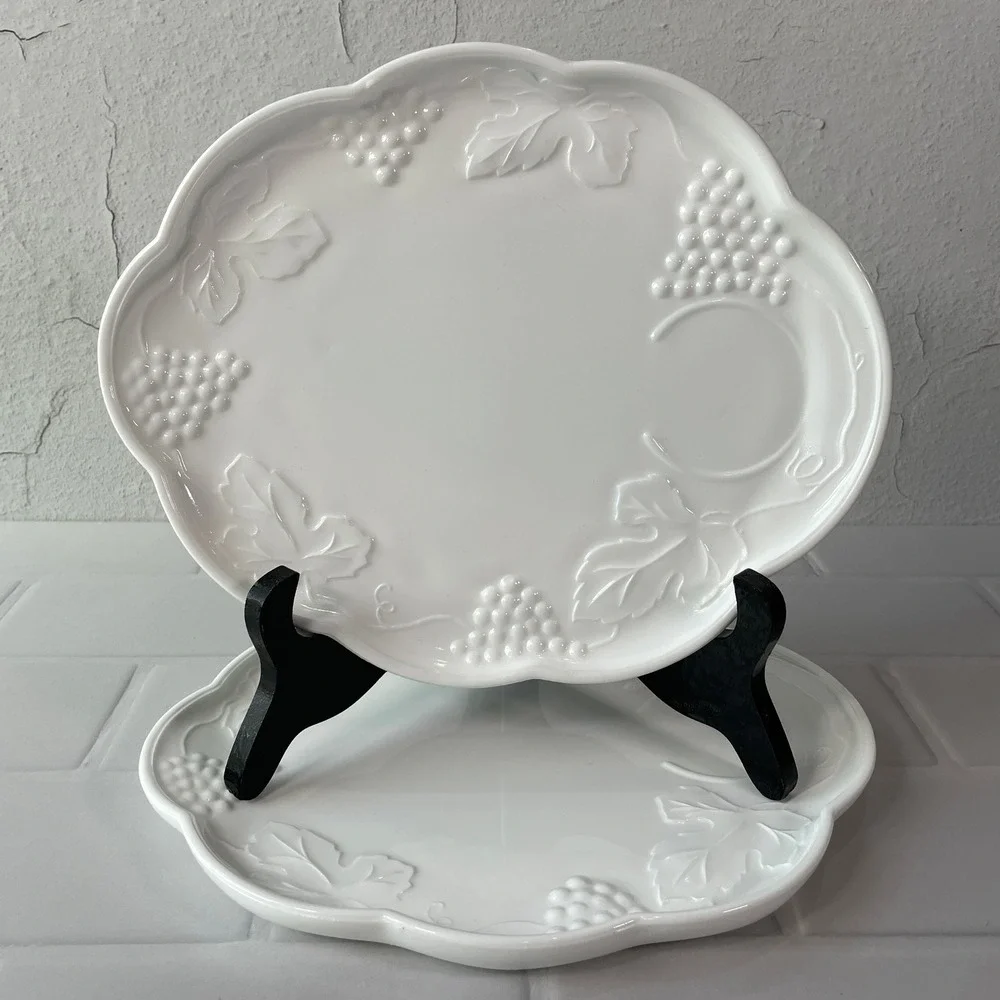 Vintage White Milk Glass Grape Leaf Embossed Snack Plates Set of 2 Scalloped